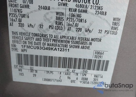 2009 Ford Escape Xlt z USA, uszkodzony, nr VIN 1FMCU93G49KA12311